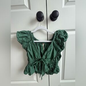 Free People Forest Green V-neck Ruffled Blouse
